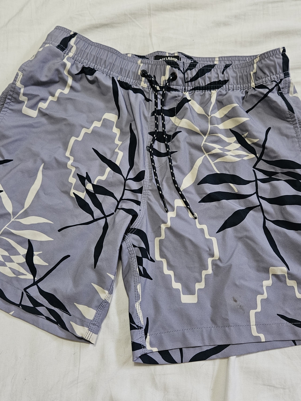 Billabong Men's Swim Board Shorts in Light Gray with Navy and Cream Leaf Print